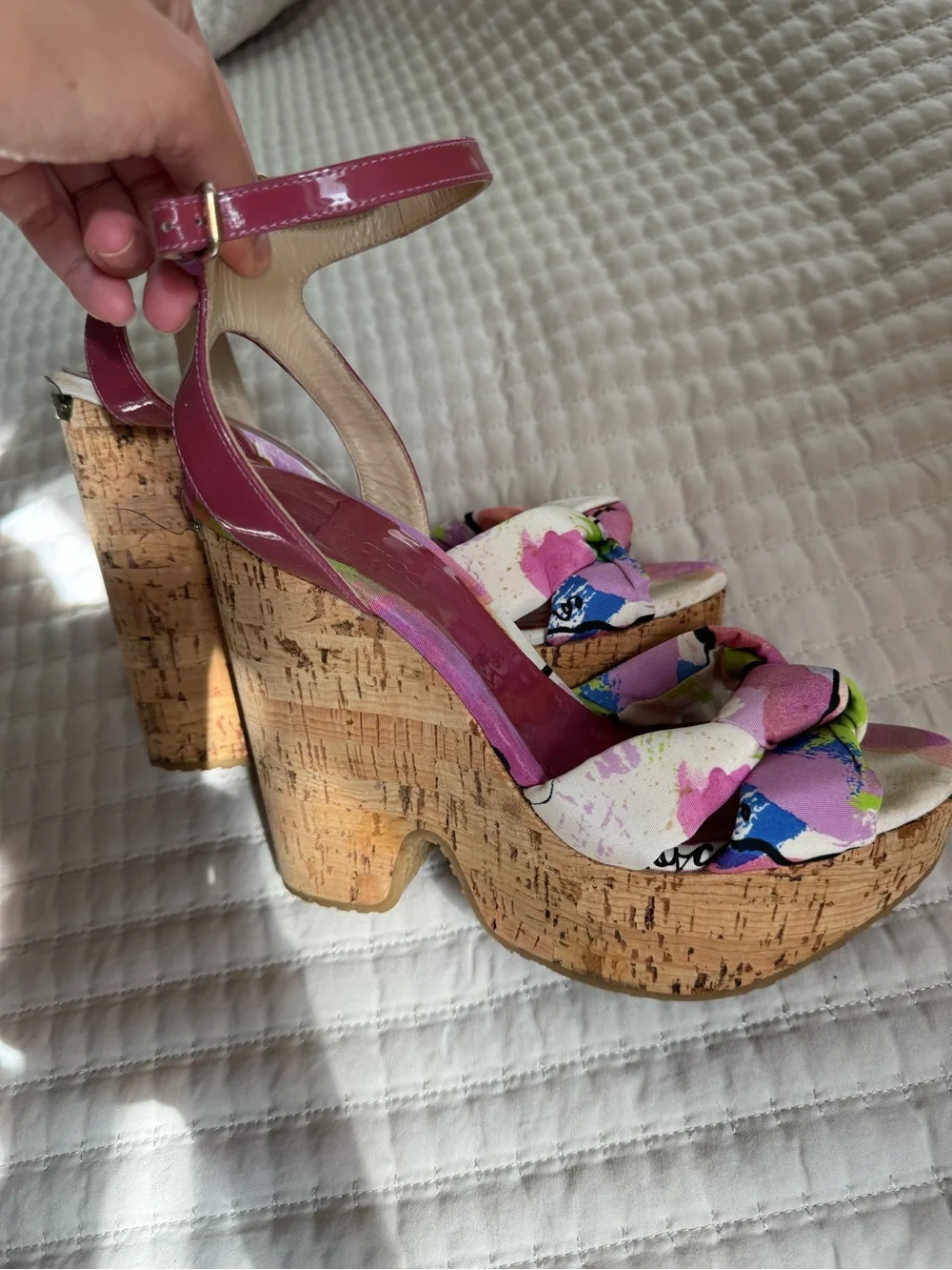 Jimmy Choo Patent Pink Platform Cork Wedge Sandals